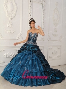 Teal Ball Gown Sweetheart Chapel Train Taffeta and Organza Appliques The Brand New Sweet 15 Dresses