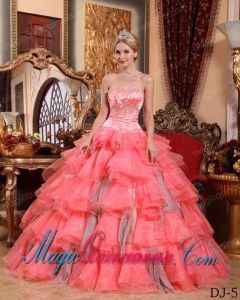 Watermelon Ball Gown Sweetheart Floor-length Organza Beading Spring Quinceanera Dress