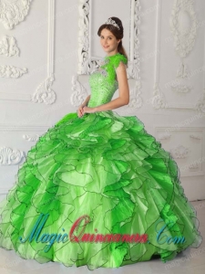 Green Ball Gown Strapless Floor-length Satin and Organza Beading Spring Quinceanera Dress