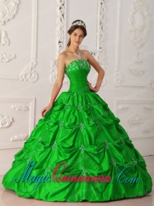 Green Ball Gown Strapless Floor-length Taffeta Appliques and Beading Spring Quinceanera Dress