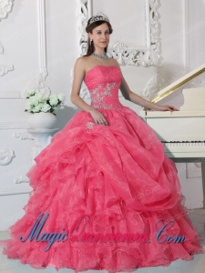 Red Ball Gown Strapless Floor-length Organza Beading Spring Quinceanera Dress