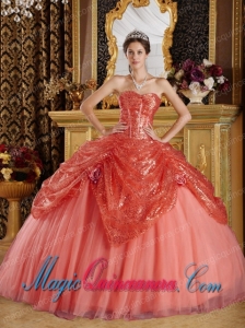 Red Ball Gown Sweetheart Floor-length Sequined and Tulle Handle Flowers Spring Quinceanera Dress