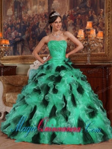 Romantic Green and Black Ball Gown Strapless Floor-length Organza Sweet 15 Dresses