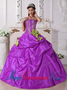 Ball Gown Strapless Floor-length Taffeta Beading and Hand Made Flowers Spring Quinceanera Dress