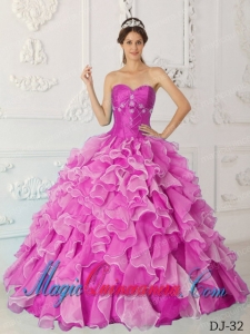 Fuchsia A-Line / Princess Sweetheart Floor-length Taffeta and Organza Beading Popular Quinceanera Dresses