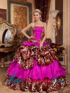 Fuchsia Ball Gown Strapless Floor-length Taffeta and Leopard Pick-ups Popular Quinceanera Dresses