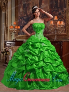 Green Ball Gown Strapless Floor-length Appliques Taffeta Quinceanera Dress