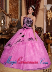 Hot Pink and Black Strapless Floor-length Embroidery Popular Quinceanera Dresses