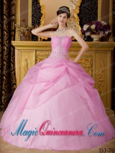 Pink Ball Gown Strapless Floor-length Organza Beading Popular Quinceanera Dresses