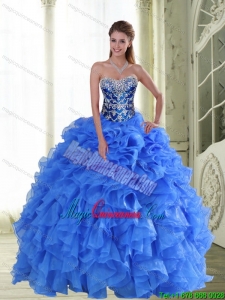2015 New Style Beading and Ruffles Strapless Sweet 15 Dresses in Blue