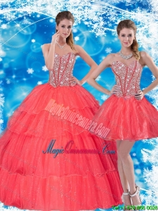 2015 Popular Beading and Ruffled Layers Sweetheart Quinceanera Dresses in Coral Red