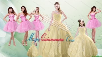 2015 Beautiful Sweetheart Champagne Quinceanera Dress and Pink Dama Dresses and Straps Ball Gown Litter Girl Dress