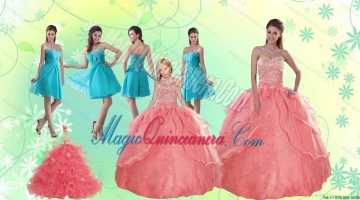 Beading Watermelon Quinceanera Gown and Baby Blue Short Dama Dresses and Halter Top Watermelon Litter Girl Dress