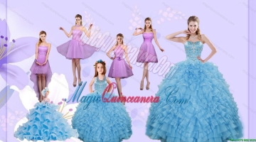Beading Pretty Aqua Blue Quinceanera Gown and Lilac Short Dama Dresses and Halter Top Ruffles Pageant Dresses for Litter Girl