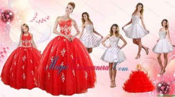 Red Ball Gown Appliques Quinceanera Dress and Short Beading White Dresses and Red Halter Top Litter Girl Dress