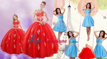 Sweetheart Ball Gown Red Quinceanera Gown and V Neck Beading Short Prom Dresses and Red Halter Top Litter Girl Dress