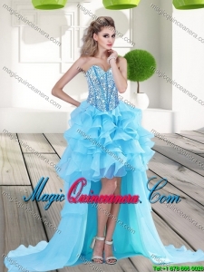 2015 Discount Aqua Blue High Low Dama Dresses with Beading and Ruffles