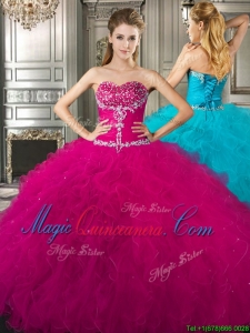 Fashionable and Affordable Beaded and Ruffled Fuchsia Sweet 16 Quinceanera Dress in Tulle