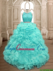 Sweet Two Piece Scoop Mint Quinceanera Dress with Beading and Ruffles