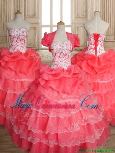 Sweet Beaded and Ruffled Layers Quinceanera Dress in Coral Red