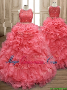 Two Piece Scoop Watermelon Red Quinceanera Dress with Beading and Ruffles