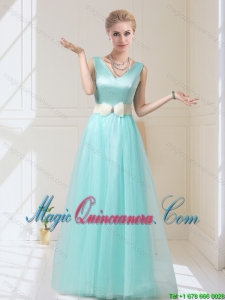 Delicate V Neck Floor Length Dama Dresses with Bowknot for 2015