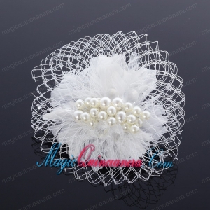 Feather and Tulle Imitation Pearls Feather Flower Hairpin for Outdoor