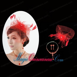 Red Crystal Wedding Jewelry Set With Necklace and Feather Headpiece