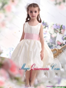 2016 Summer Cheap White Scoop Little Girl Pageant Dresses with Light Pink Sash