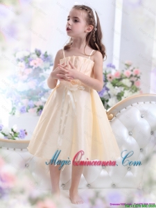 Luxurious 2016 Fall Champagne Spaghetti Straps Little Girl Pageant Dresses with Waistband and Hand Made Flower