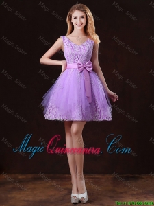 Discount V Neck Tulle Dama Dresses with Bowknot