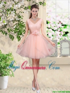 Decent V Neck Baby Pink Dama Dresses with Hand Made Flowers