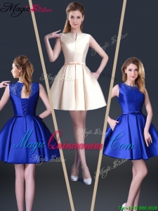 Beautiful Short Bateau Dama Dresses with Bowknot and Beading