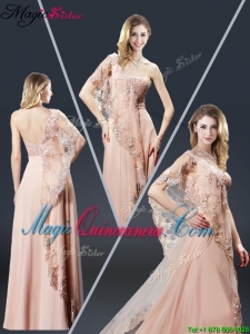 Luxurious One Shoulder Appliques Dama Dresses in Peach