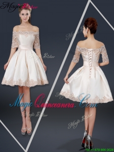 New Arrivals Off the Shoulder Appliques Champagne Short Dama Dresses