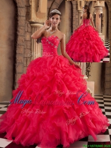 Popular Coral Red Sweetheart Quinceanera Gowns with Beading