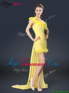 Sweet One Shoulder Watteau Train Dama Dresses in Yellow