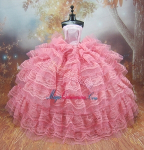 Exclusive Lace Decorate Ball Gown Pink Barbie Doll Dress