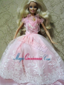 Amazing Pink Handmade Party Colothes Dress With Embroidery For Barbie Doll