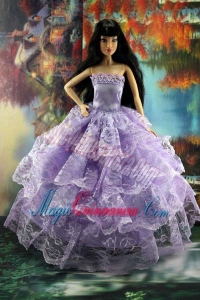 Gorgeous Lilac Gown With Ruffled Layers Lace For Barbie Doll