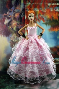 Luxurious Pink Gown With Ruffled Layers Lace For Barbie Doll