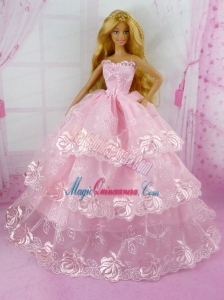 Pretty Pink Princess With Embroidery and Ruffled Layers Gown For Barbie Doll