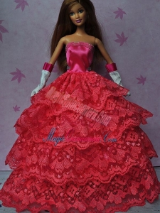 Pretty Red Gown With Ruffled Layers Dress For Barbie Doll