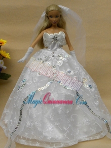 Romantic Appliques White Strapless Wedding Dress For Barbie Doll