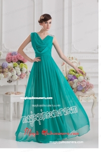V-neck Empire Turquoise Chiffon Mother Dress with Ruching and Beading