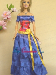 Elegant Blue Off The Shoulder Appliques Handmade Party Clothes Fashion Dress For Noble Barbie