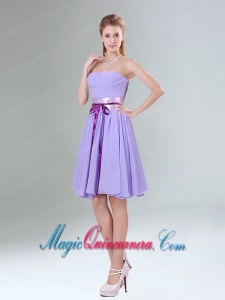 Decent Lavender Ruched Mini Length Dama Dress with Bowknot Sash