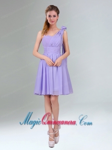 Gorgeous Mini Length Lavender Dama Dress with Ruching and Handmade Flower