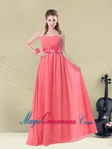 Sweetheart Watermelon Long Bridesmaid Dama Dress with Bow Belt