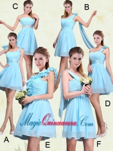 2015 Ruching Chiffon Aqua Blue Dama Dresses with Mini Length